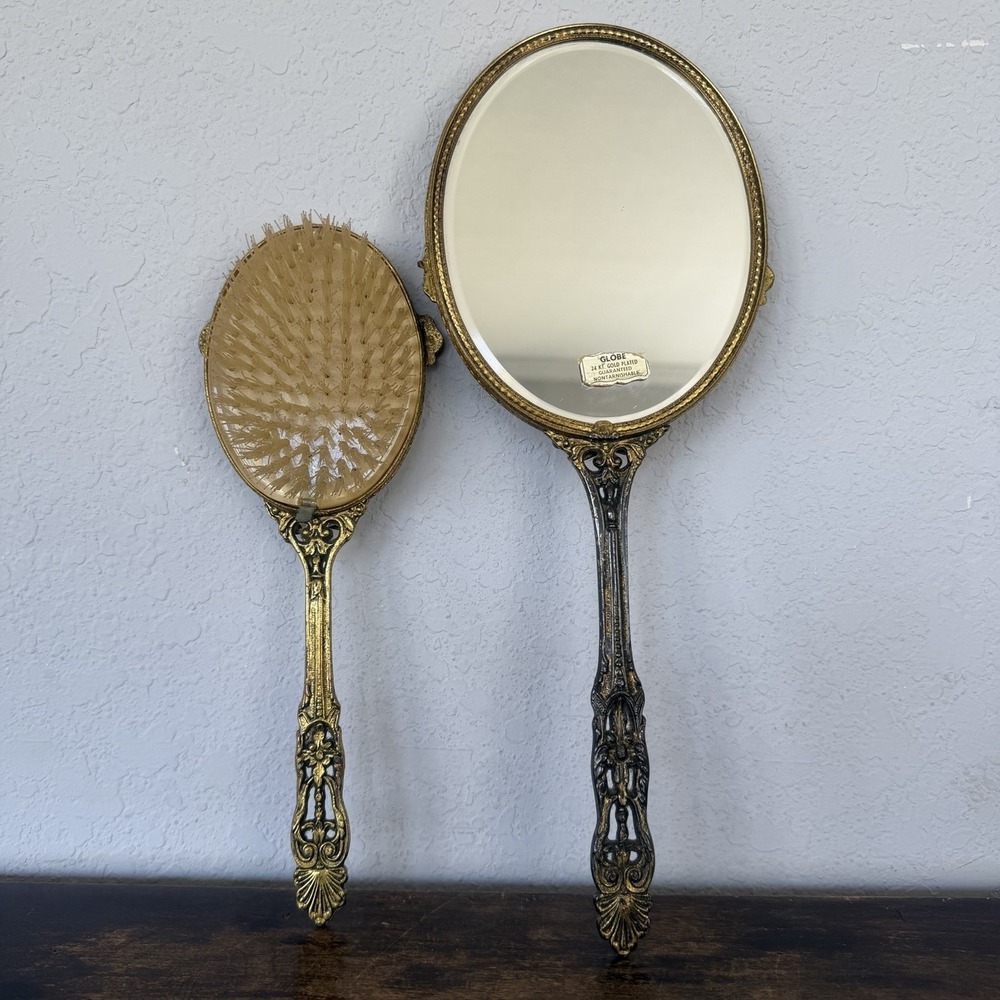 Vtg Vanity Set Globe 24k Gold Plated Hand Mirror Brush Victorian Romantic